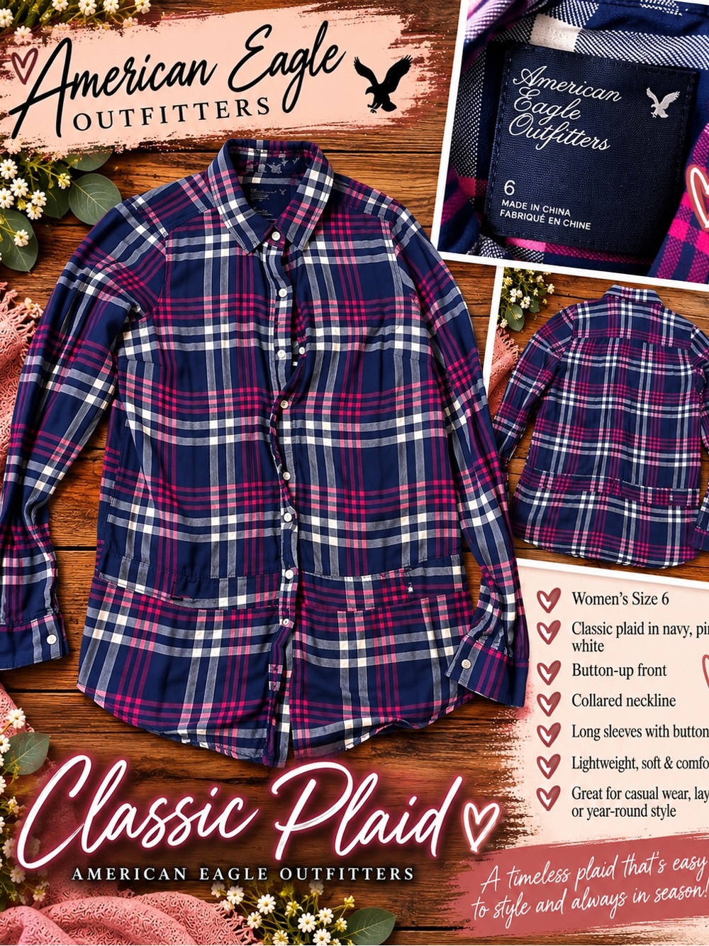 American Eagle Outfitters Navy, Pink & White Plaid Button-Down Shirt
